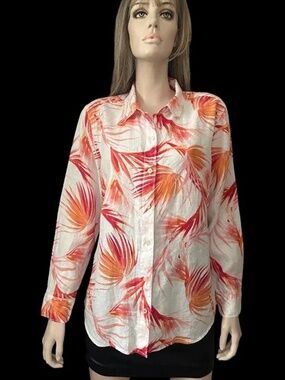 Tommy Bahama Shirt Blouse Top Tiki 100% Linen Fern Leaf Print Long Sleeve